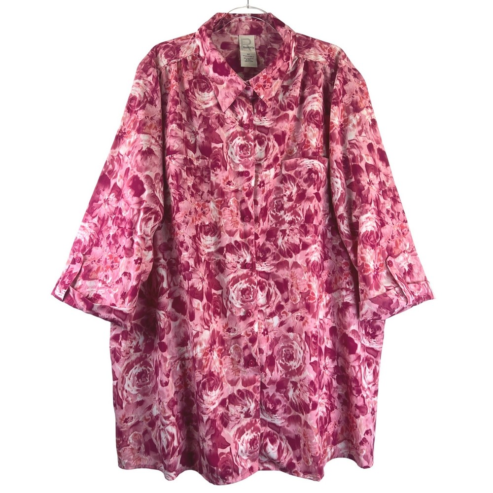 Roamans Womens 2X Pink Rose Floral Button Down Blouse Roll Tab Sleeve