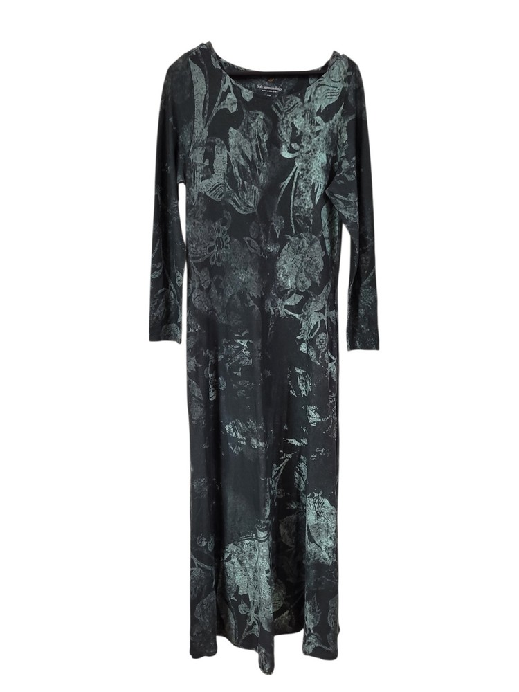 Soft Surroundings Maxi Dress Long Sleeve Green Black Floral Size Large