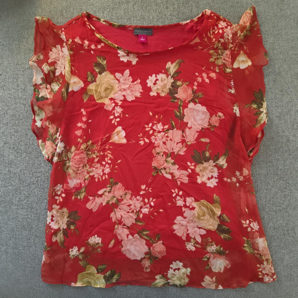 Vince Camuto Red Floral Sheer Flutter Sleeve Blouse Size S