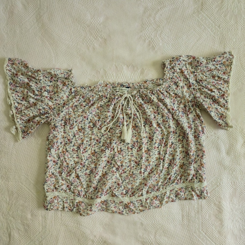 American Eagle Floral Off-Shoulder Peasant Top Pink Blue Cottagecore Size XS