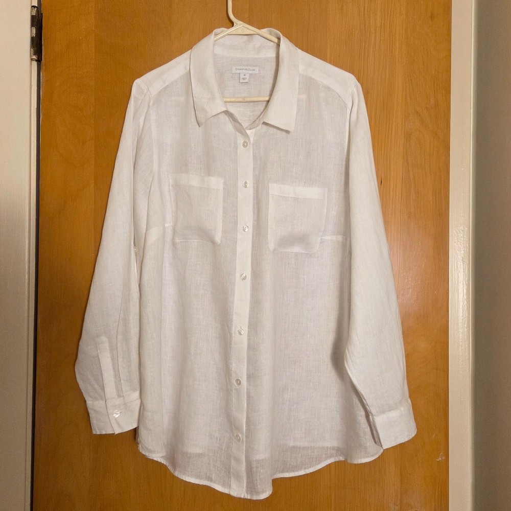 Charter Club 100% Linen Button Up Shirt Size 1X White Roll Tab Preppy Coastal