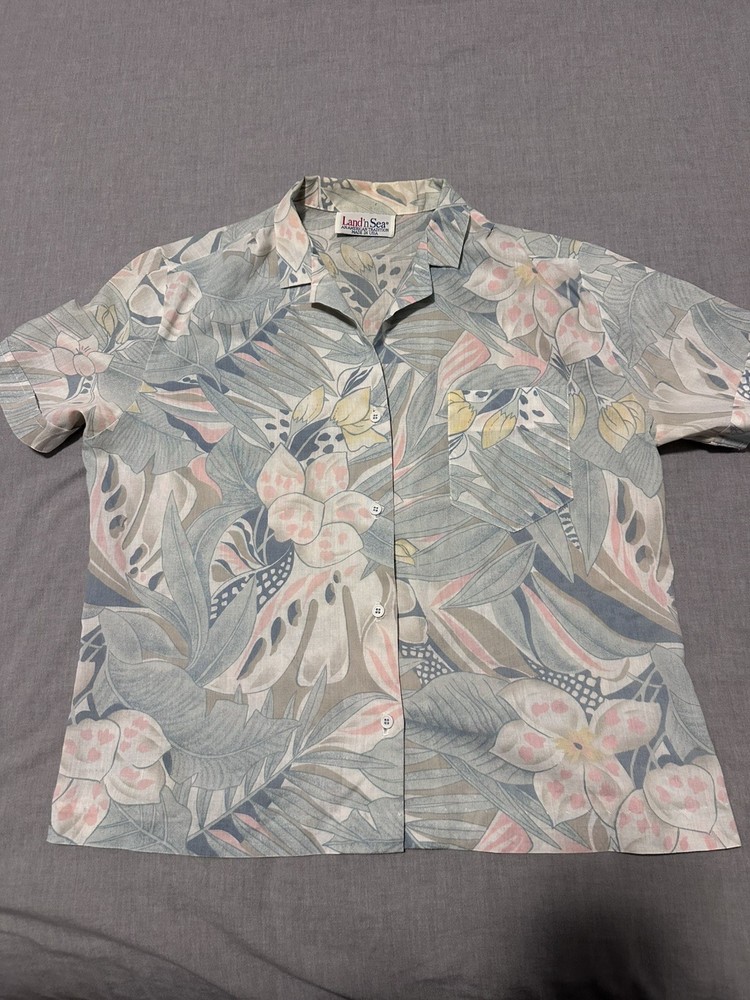 Vintage Women's Land' n Sea Bold Floral Tropical Cotton Button Down Blouse L