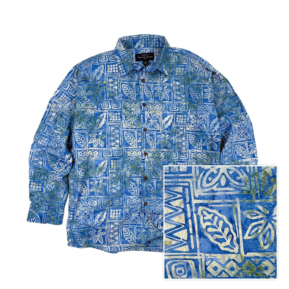 Pete Huntington Bali Hawaiian Shirt Mens XL Blue Long Sleeve Button Cotton Batik