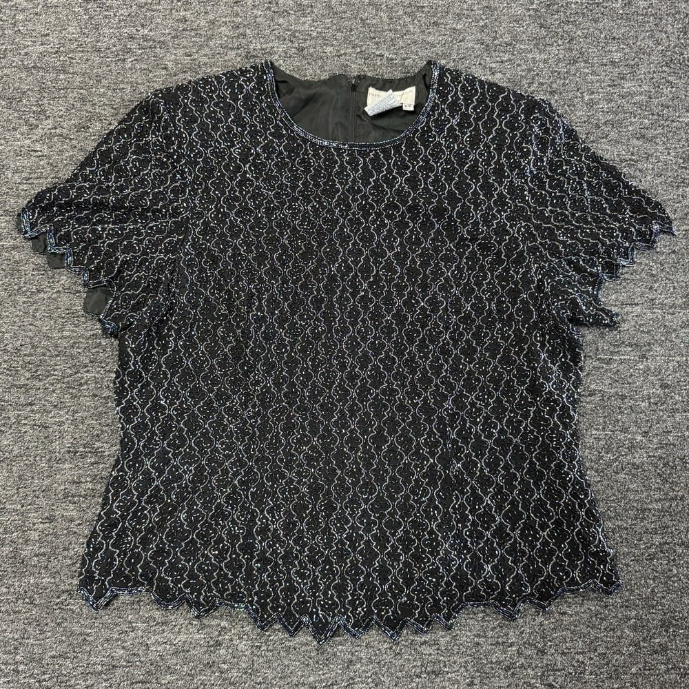Vintage Women’s Papell Boutique Black 100% Silk Beaded Blouse Top - Size 2XL