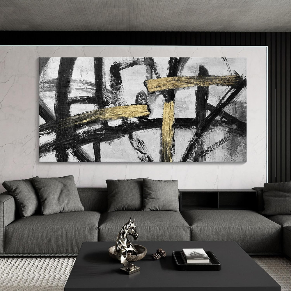 Large Black and White Wall Art, Modern Paintings Gold Abstract Graffiti Canvas A-image