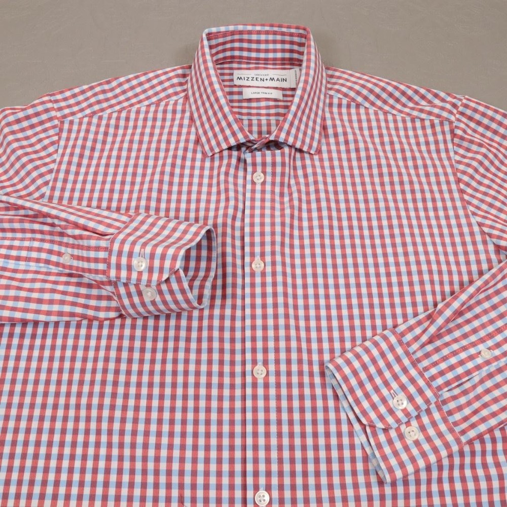 Mizzen+Main Shirt Mens Large Red Blue Check Long Sleeve Leeward Trim Fit Stretch