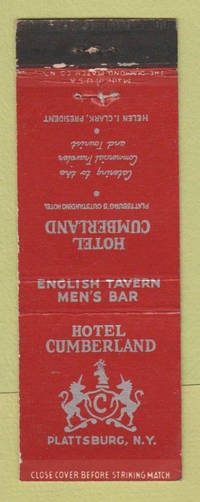 Matchbook Cover - Hotel Cumberland Plattsburg NY WORN