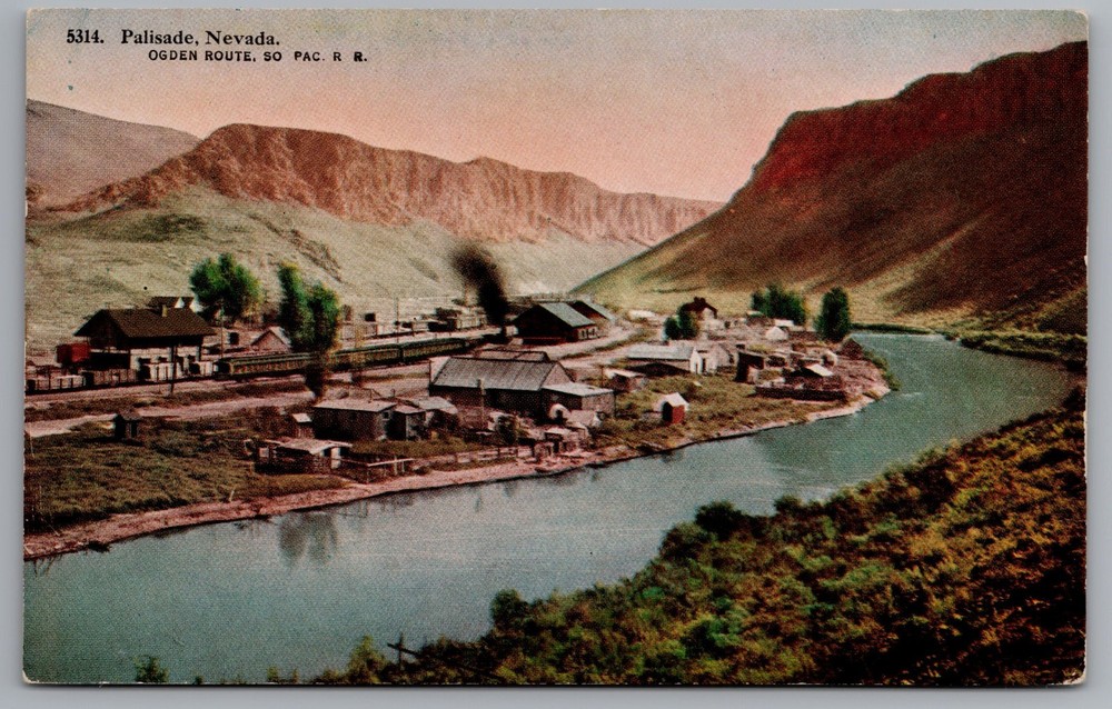 Postcard Railroad Depot & Train, Palisade, Nevada, Ogden Route Southern Pacific