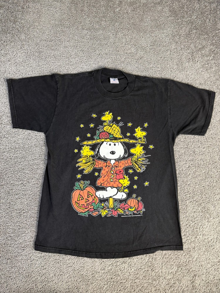 Vintage Peanuts Snoopy Shirt Mens Large Black Halloween Joe Cool Scarecrow