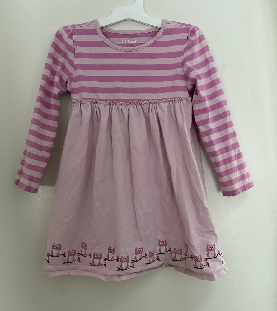 L.L. Bean Kids Girls Striped Owls 100% Cotton Crewneck Long Sleeve Dress Pink 4