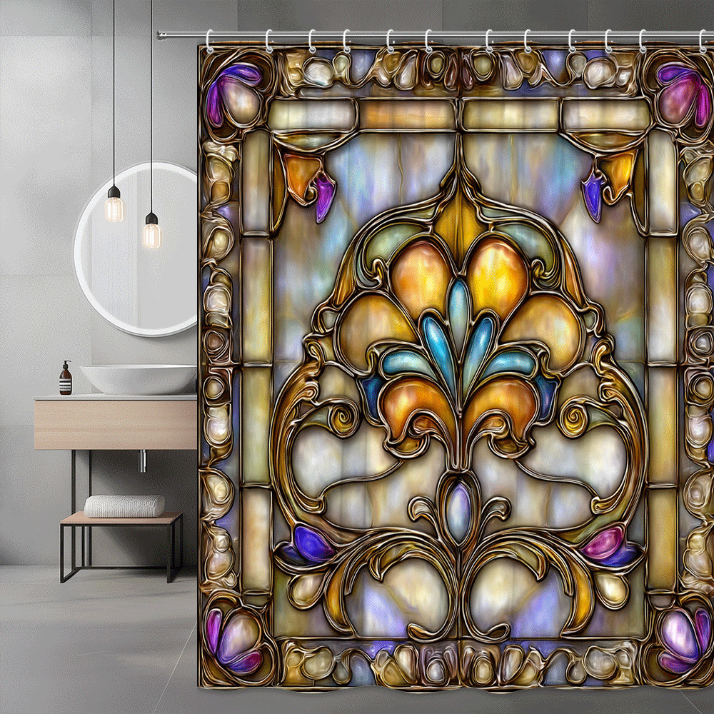 Stained Glass Floral Pattern Shower Curtain, Gold Blue Purple Printed Design