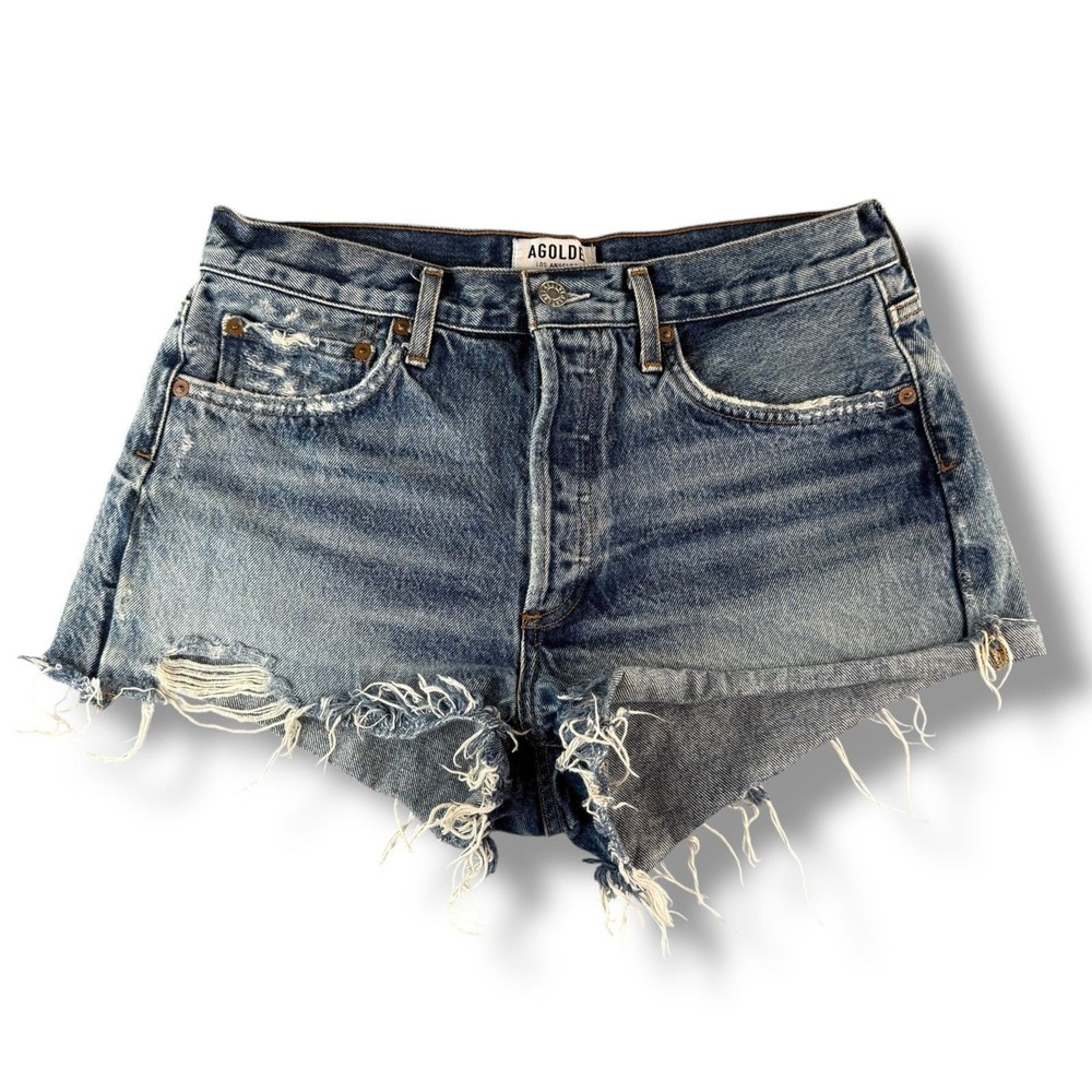 AGOLDE Light Wash Frayed Hem Mini Ripped Jean Shorts Size 28 Casual Button Fly