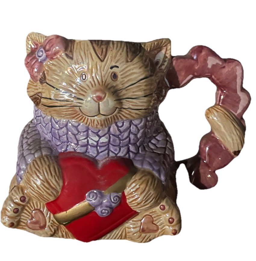 Vintage Valentines Day Kitty Love Coffee Mug Large Cup Hearts 1980s