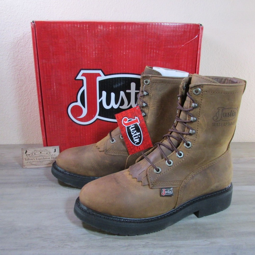 Justin Mens Waterproof Cowhide Work Boots Aged Bark Brown Lace Up