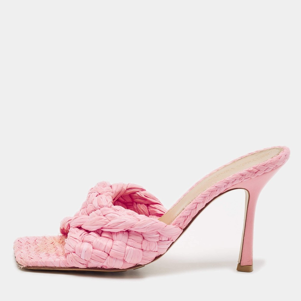 Bottega Veneta Pink Woven Raffia Stretch Slide Sandals Size 39