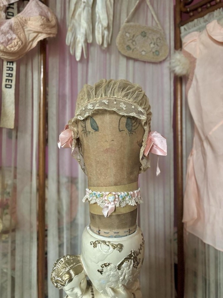 Antique Lace & Silk Ribbon Bed Cap, Blush Pink & Ivory 22”