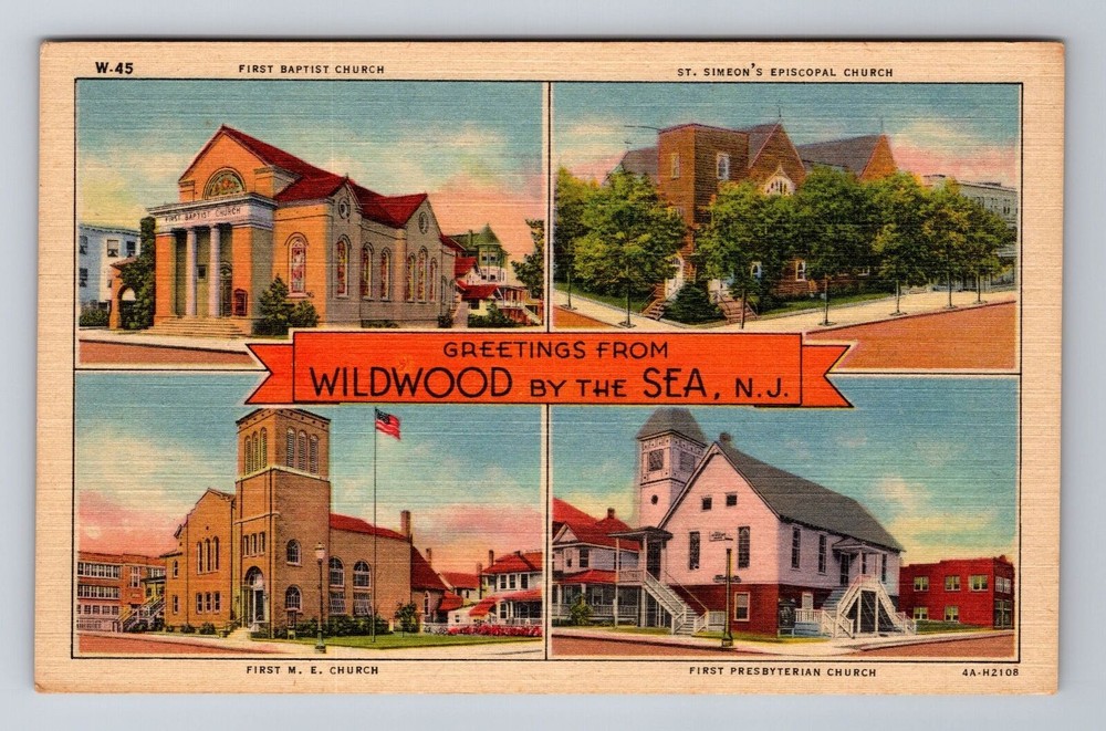 Wildwood-by-the-Sea NJ-New Jersey, General Greetings, Churches, Vintage Postcard