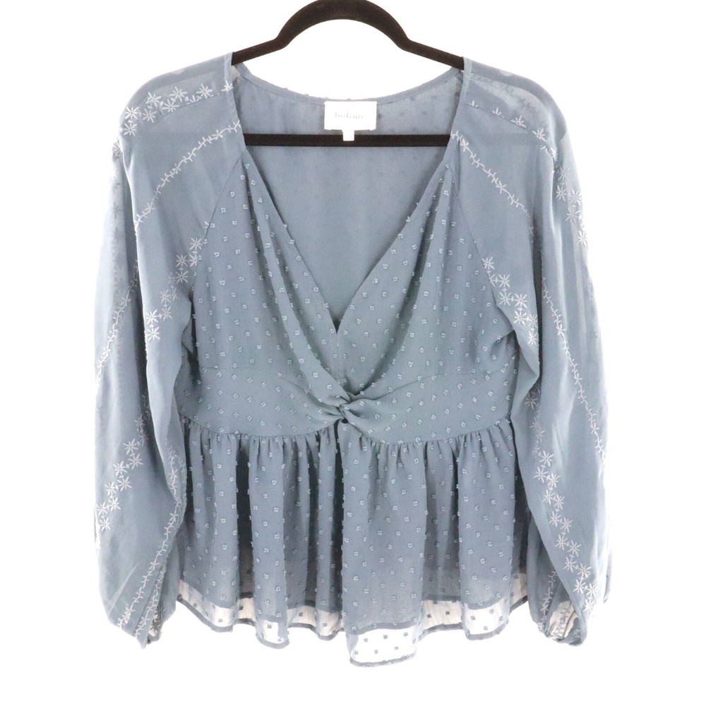 Böhme Swiss Dot Chiffon Blouse Womens L Blue Gypsy Flowy Boho Airy Grannycore