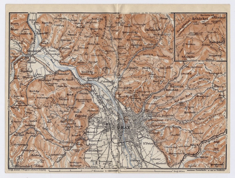 1910 Original Antique Map Of Graz And Vicinity / Austria