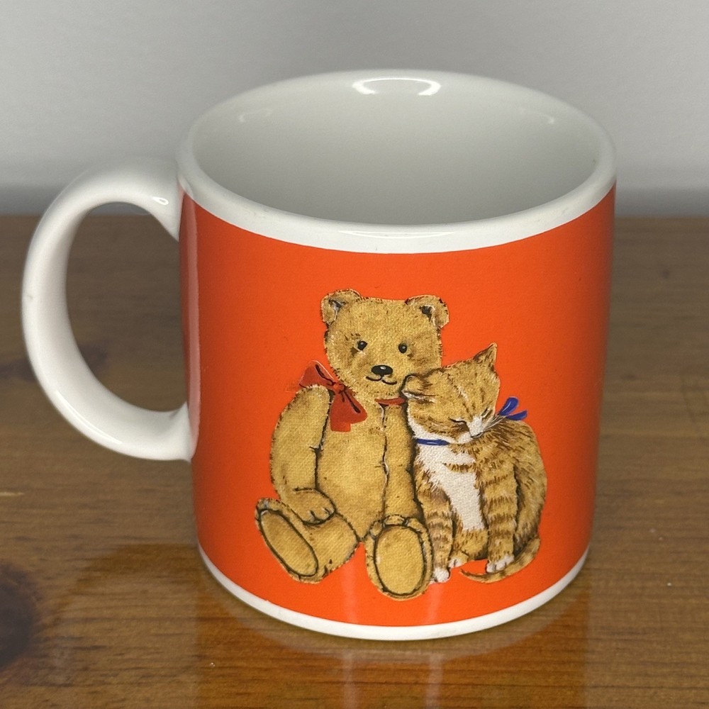 Retro 80s Orange Red Teddy Bear Kitten Cat Ceramic Coffee Mug Cup Schmid Vintage