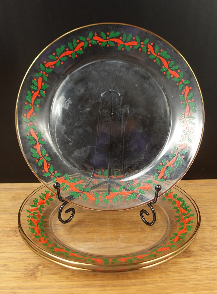 3 Arcoroc Red Ribbon and Holly Glass Lunch Salad Plate 8''