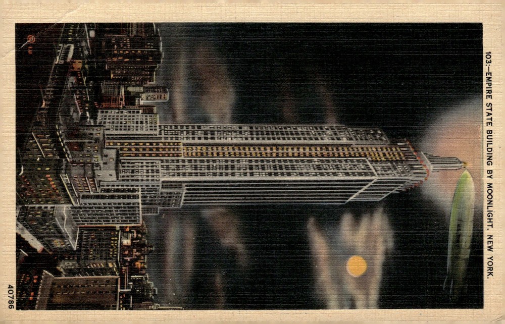 1940s Empire State Building New York City NY Art Deco Linen Dirigible Postcard