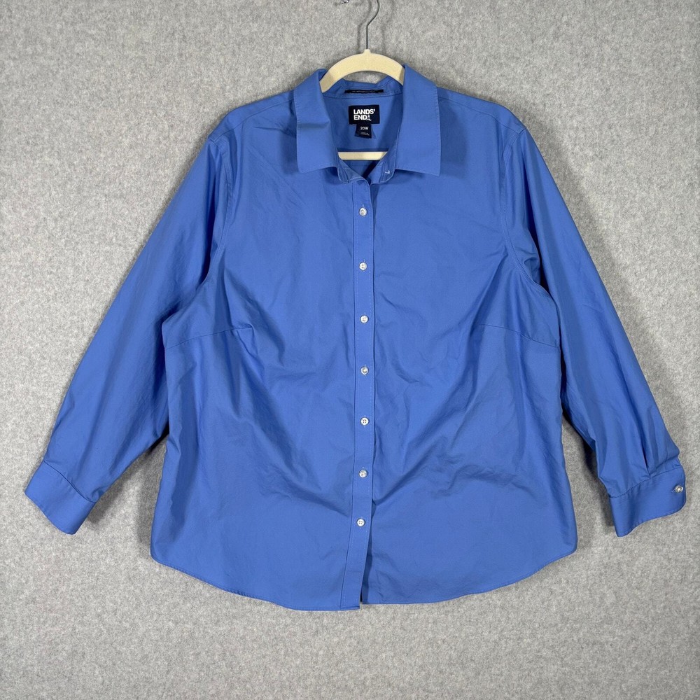 Lands End Shirt Womens 20W Blue Button Cotton No Iron Broadcloth Blouse Career