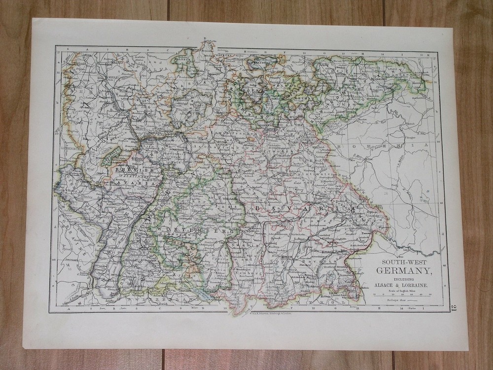 1896 Map Of Southern Germany Alsace Baden-Württemberg Stuttgart Bavaria Munich