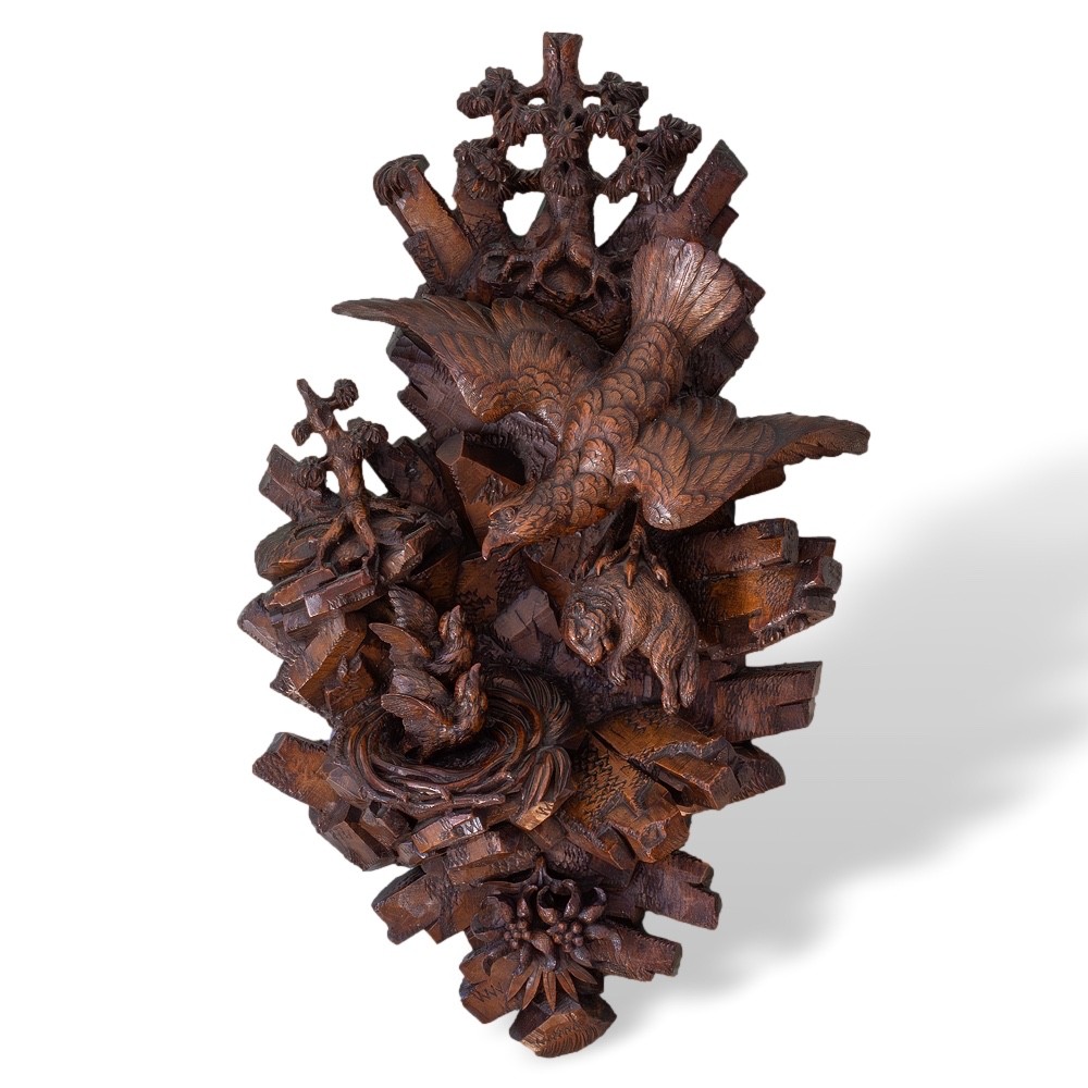 Black Forest Carved Walnut Wall Plaque, Eagle with Prey, circa 1900