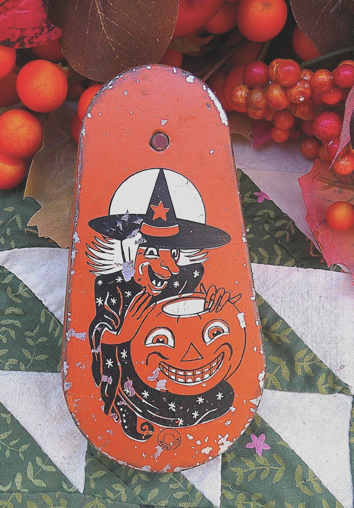 Vintage Style Halloween Tin Rachet Noisemaker Witch JOL New #2