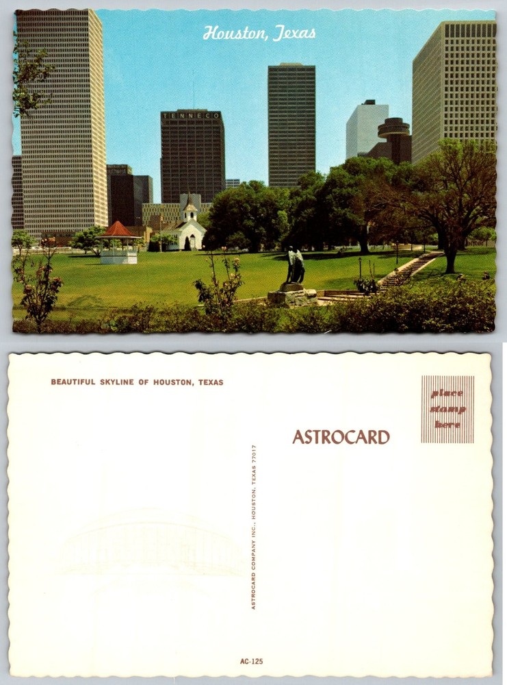 Houston Texas Vintage Skyline Postcard - Tenneco Building & Hermann Park