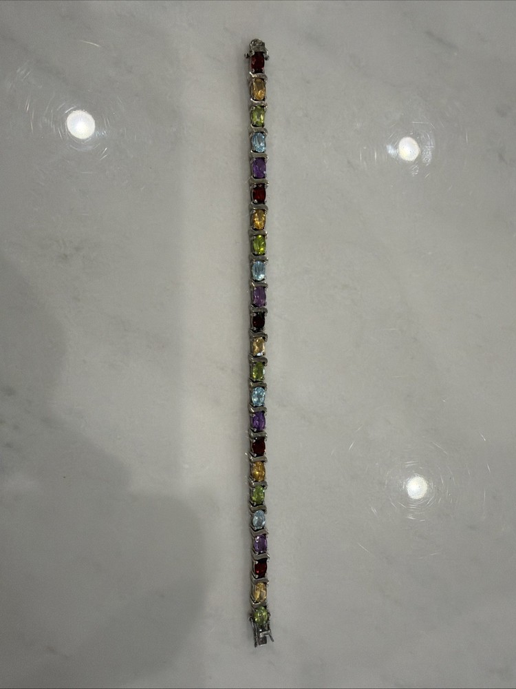 Sterling Silver Multi Gemstone Bracelet Rainbow Colorful Tennis Style