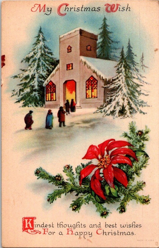 Raphael Tuck Christmas Church Snow Poinsettia 1913 Embossed Postcard