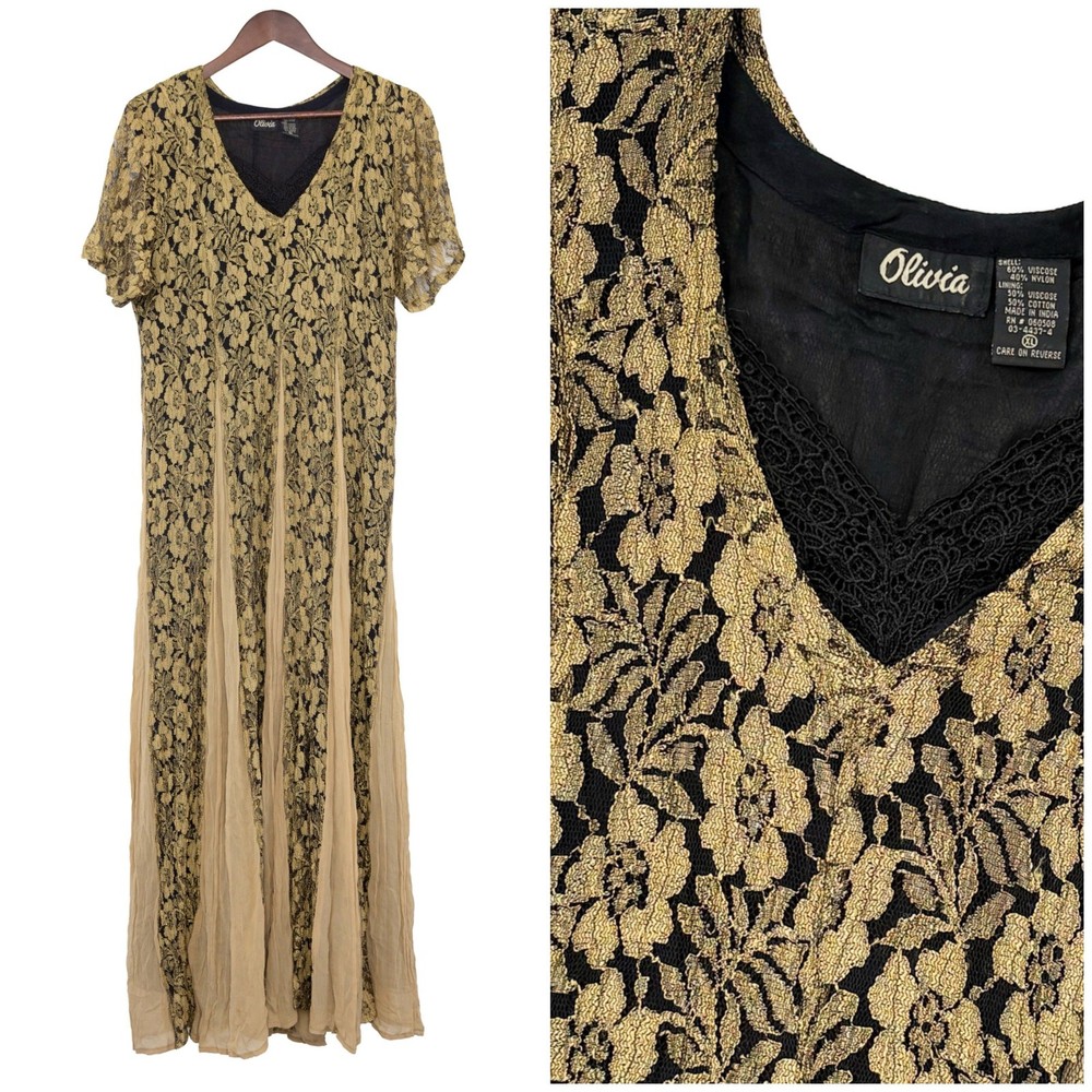VTG Fairycore Goth Grunge Whimsigoth Lace Maxi Dress | Black + Antique Gold | XL