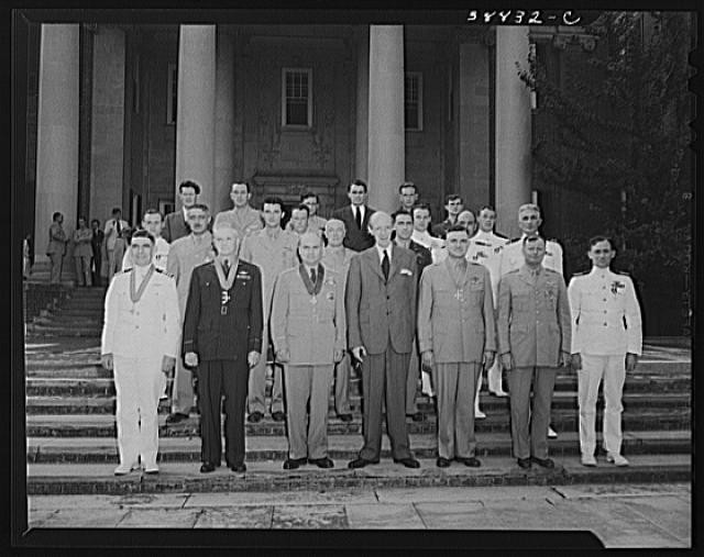 Photo:Military Officers Group Portrait Steps Building 1930s 1940s