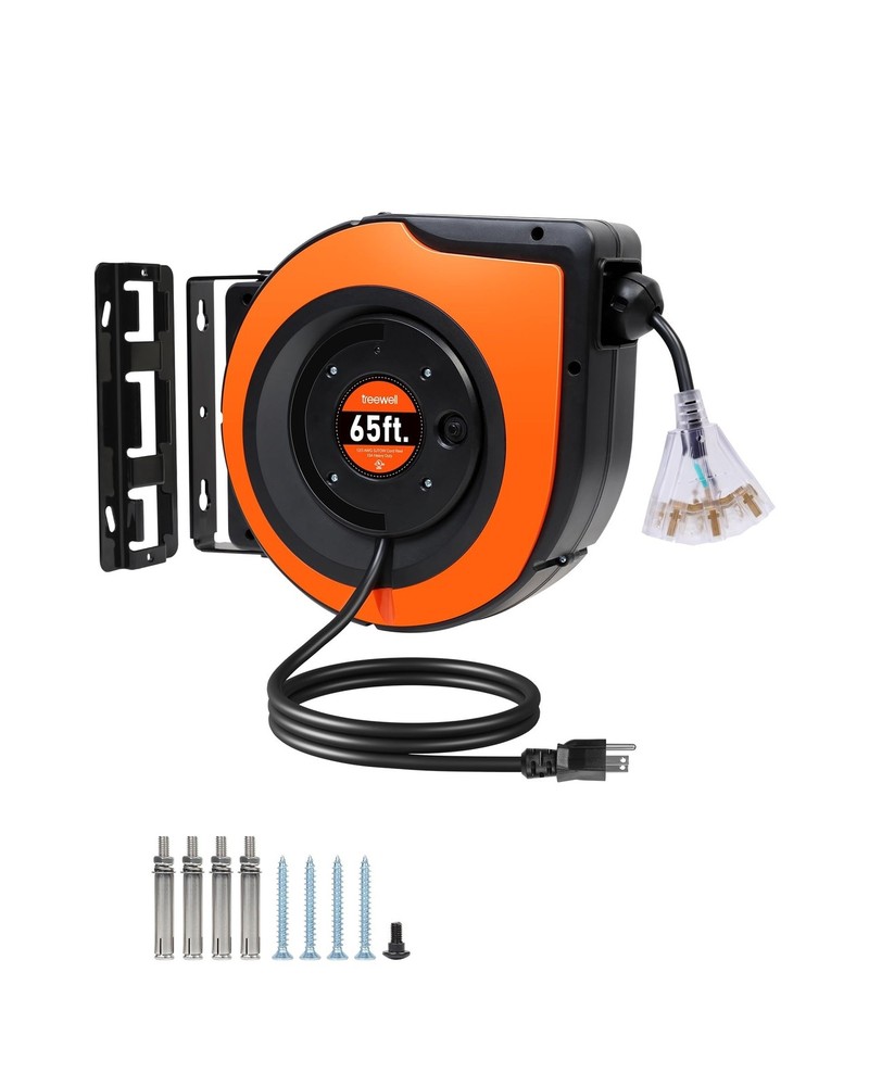 65FT Retractable Extension Cord Reel, 12AWG/3C SJTOW Heavy Duty Power Cord wi...