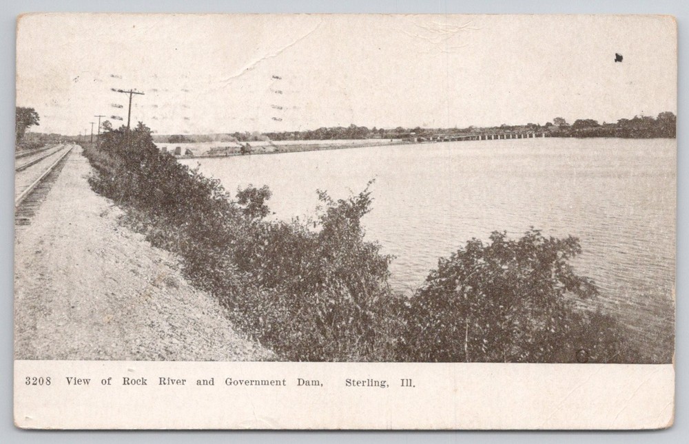 1908 Sterling IL Rock River Government Dam Postcard Railroad Tracks Illinois