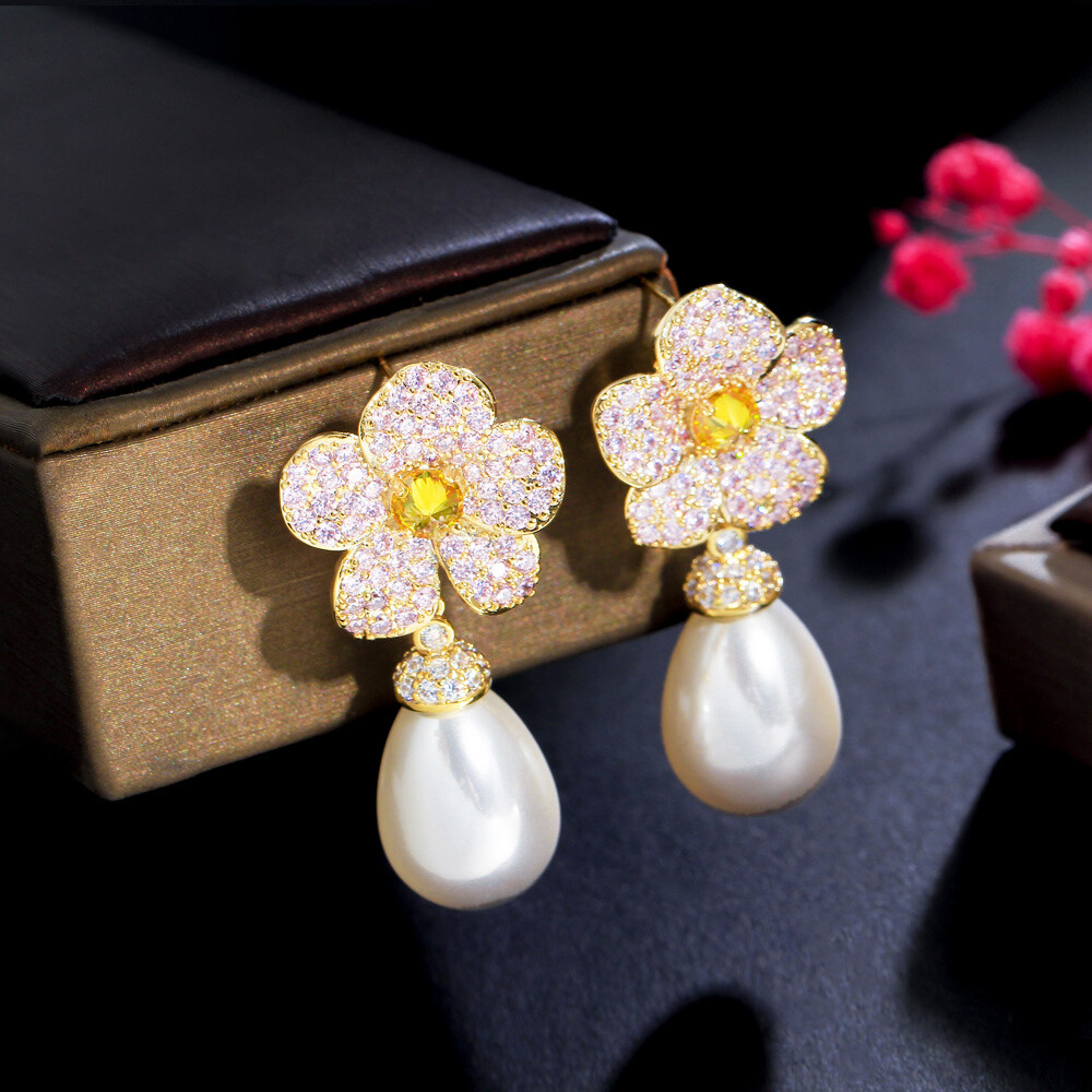 Yellow Gold Plated CZ Long Flower Pearl Dangle Drop Earrings for Women Pink Gift