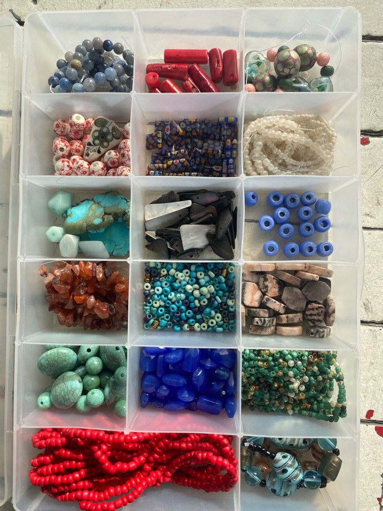 Lot of Mixed Beads, Lampwork, Rock, Plastic, Seed Beads, As Is, Container Incld.