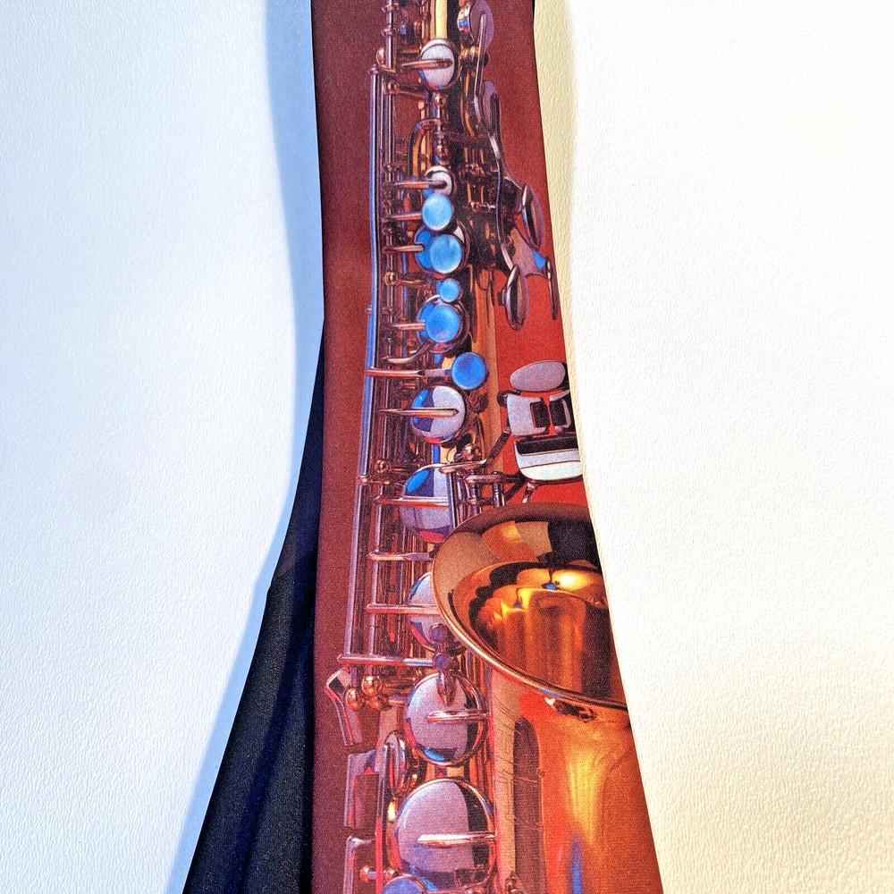 VTG Ralph Marlin Mens Tie Necktie Saxophone Novelty Black Blue Purple Jazz Music