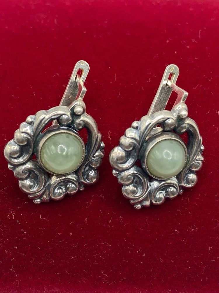 Vintage Cabochon Chalcedony Fine Silver 925 Earrings