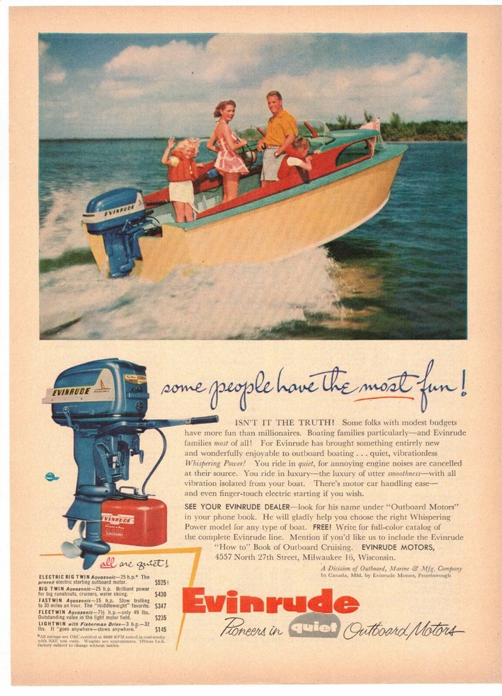 Evinrude Family Boating Outboard Motor ad Milwaukee WI 1954
