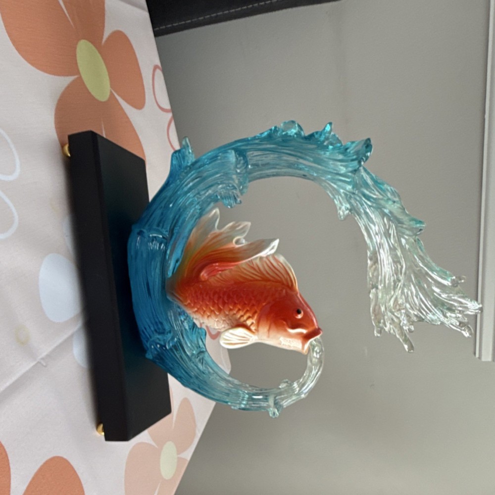 Art Glass Fish Figurine Orange Fish in Blue Clear Wave on Black Base