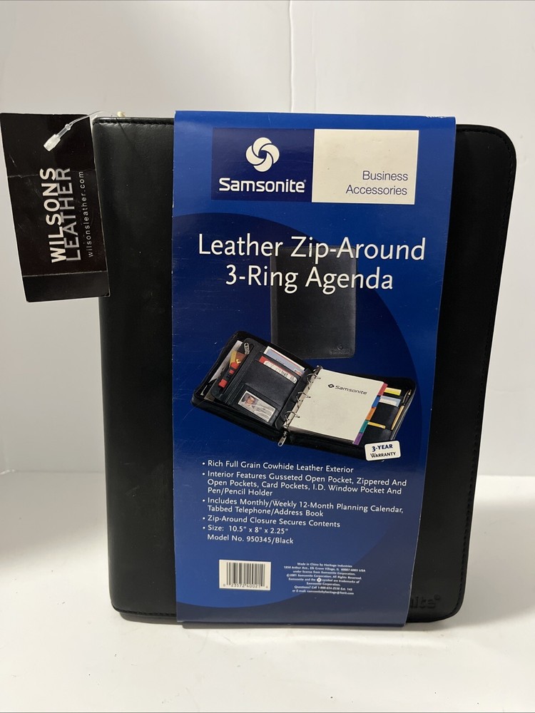 SAMSONITE  Black Leather Zip-Around 3-ring Agenda Zippered Inner Pocket 2002