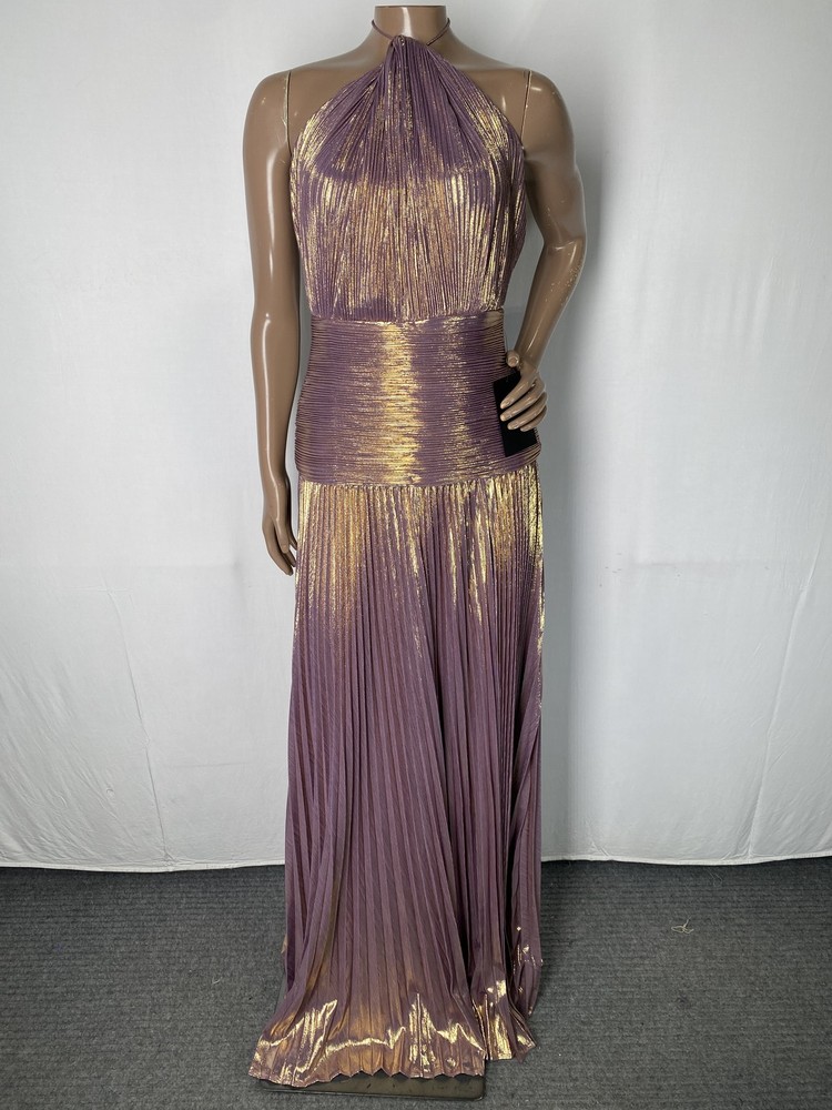 Retrofete Womens Maxi Dress Purple/Gold Size S Thalia Halter Neck Pleated