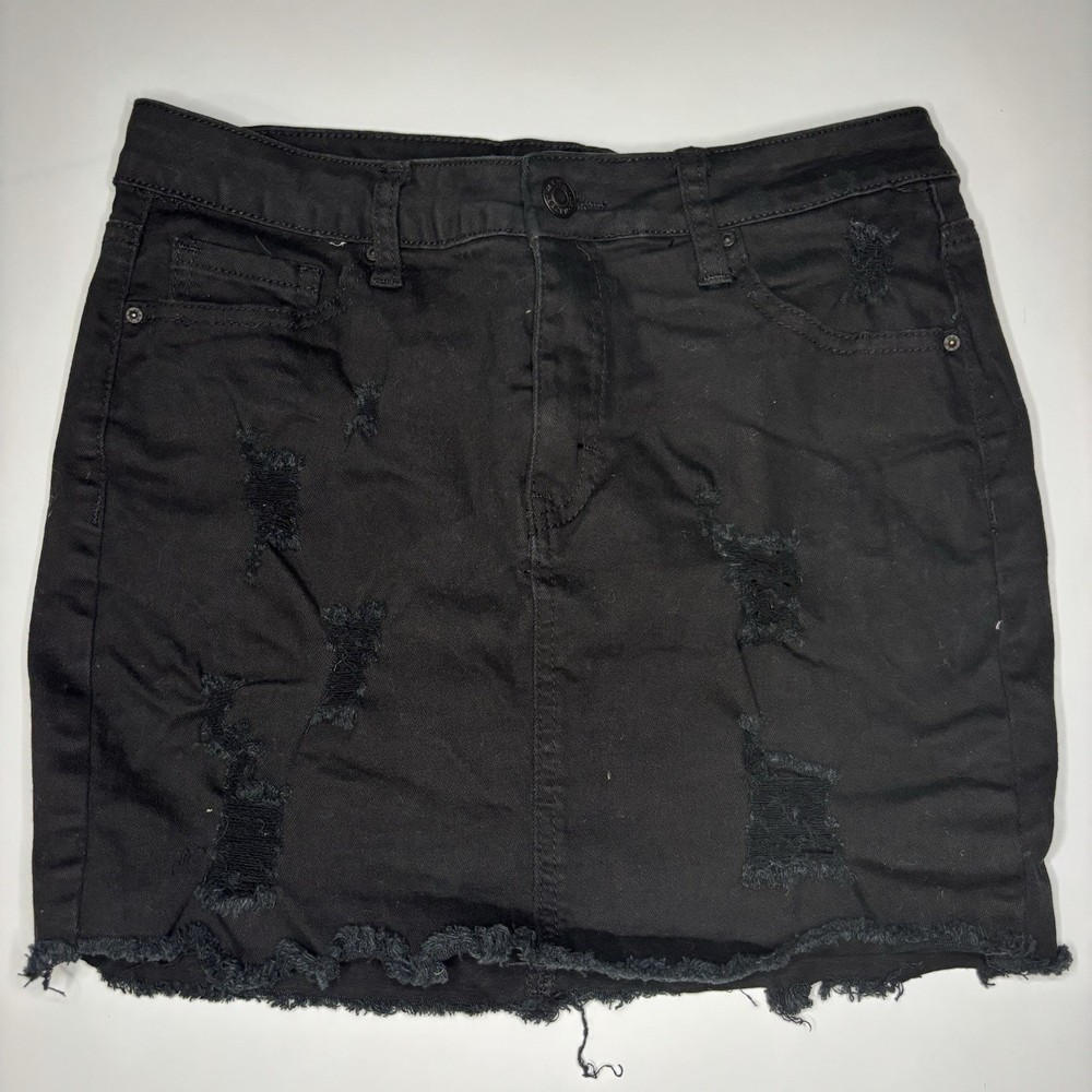WAX JEAN Black Distressed Denim Mini Skirt Raw Hem Stretch Women’s