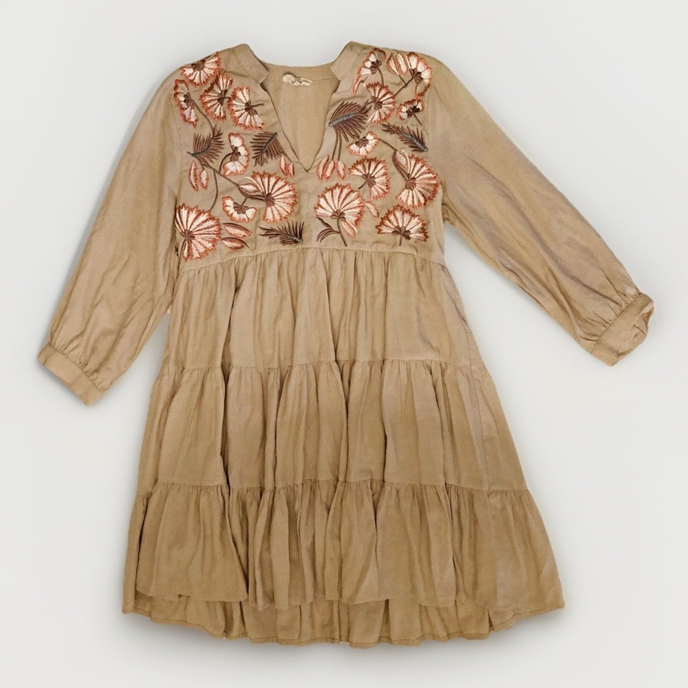 Entro Floral Embroidered Babydoll Tiered Ruffle Dress Size Small