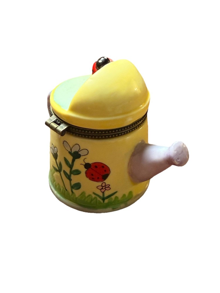 Vintage Hinged Watering Can Trinket Box Porcelain Yellow Flowers Lady Bugs