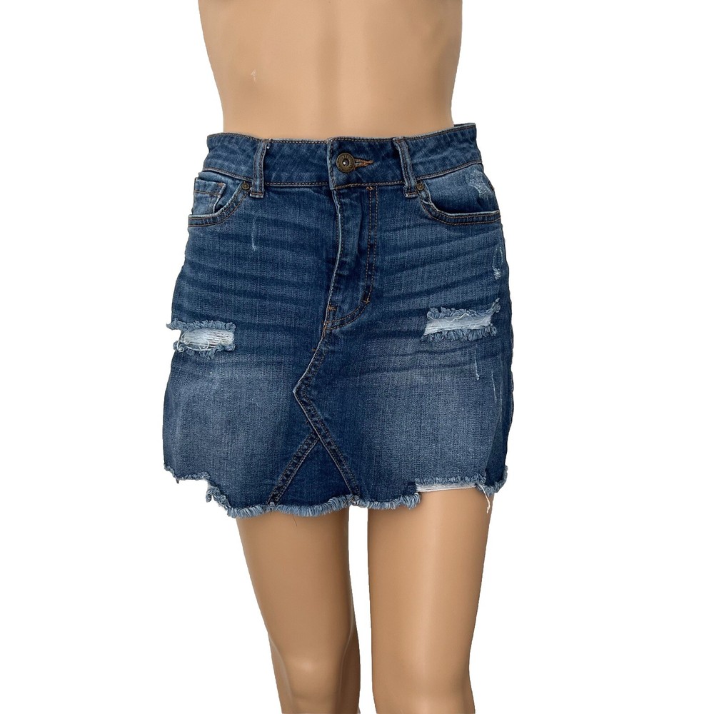 Wax Jean Women's Denim Skirt Cutoff Mini Distressed Blue Size S