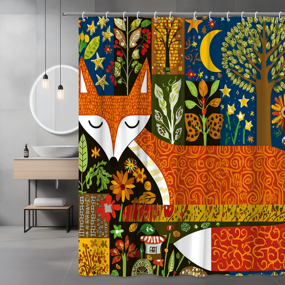 Fox Forest Shower Curtain, Moon Stars Tree Floral Print